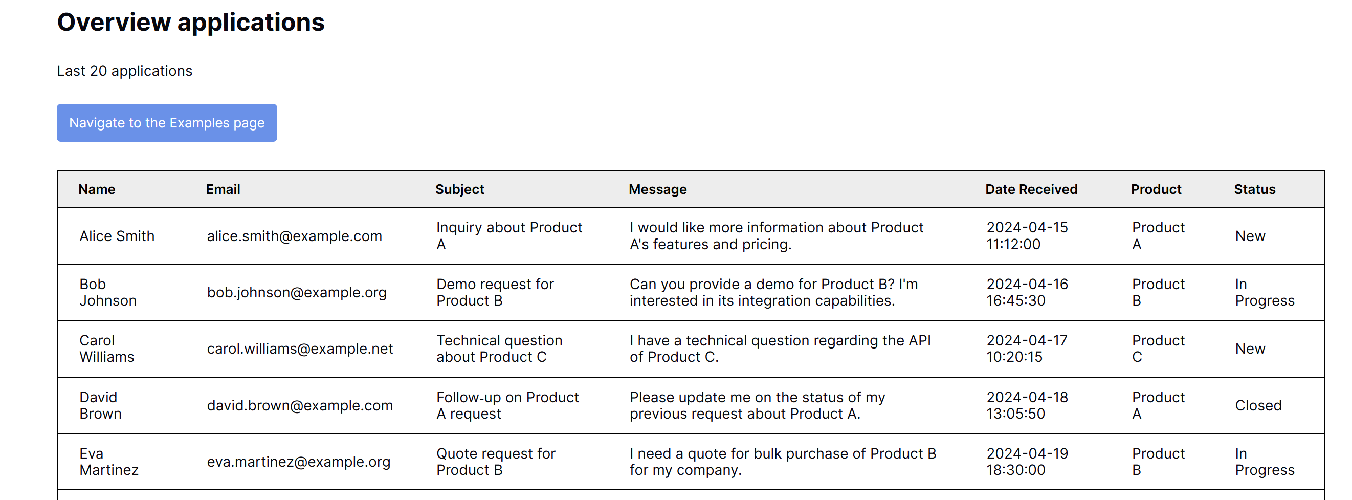 An app built with Baserow, headed Overview applications, with a button and a table of the last 20 enquiries showing Name, Email, Subject, Message, Date, Product and Status.