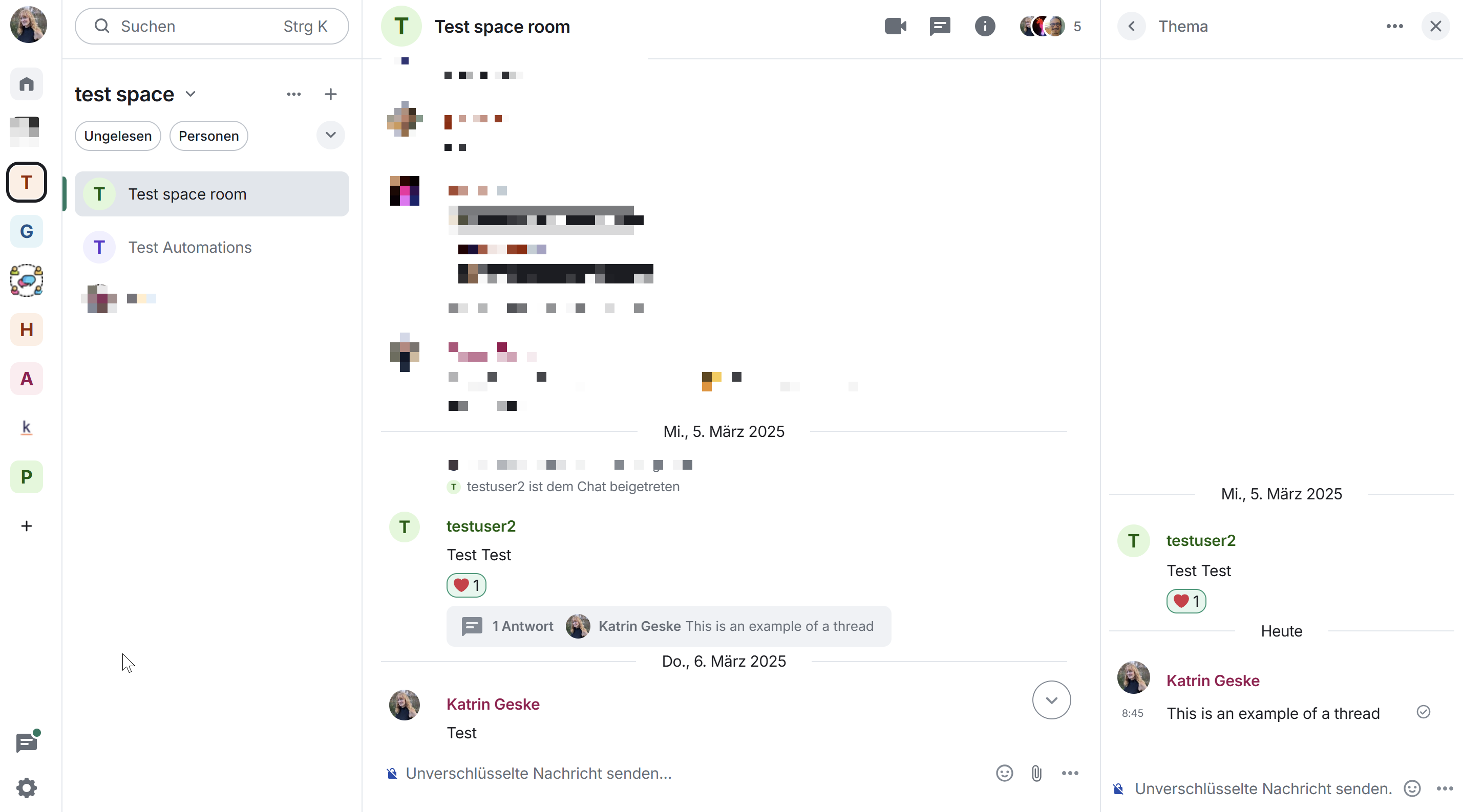 Element as a desktop app on Windows. On the left the room list in a space, in the middle an active chat. You can leave reactions on a message and reply in a thread. On the right is the open thread panel.