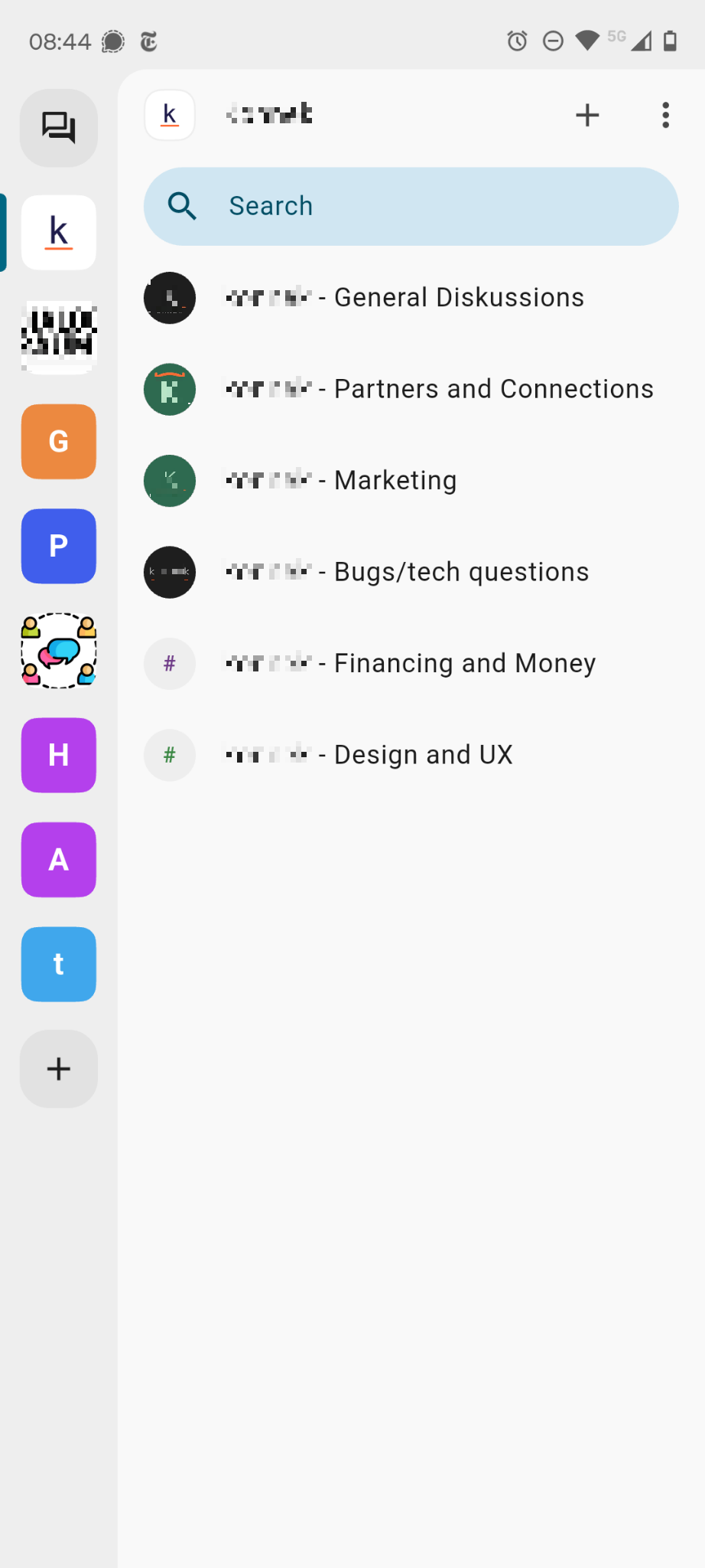 FluffyChat on a phone. A narrow column on the left edge holds the icons of several spaces, next to it a search bar and below it a list of rooms with names like General Diskussions, Partners and Connections, Marketing and Design and UX.