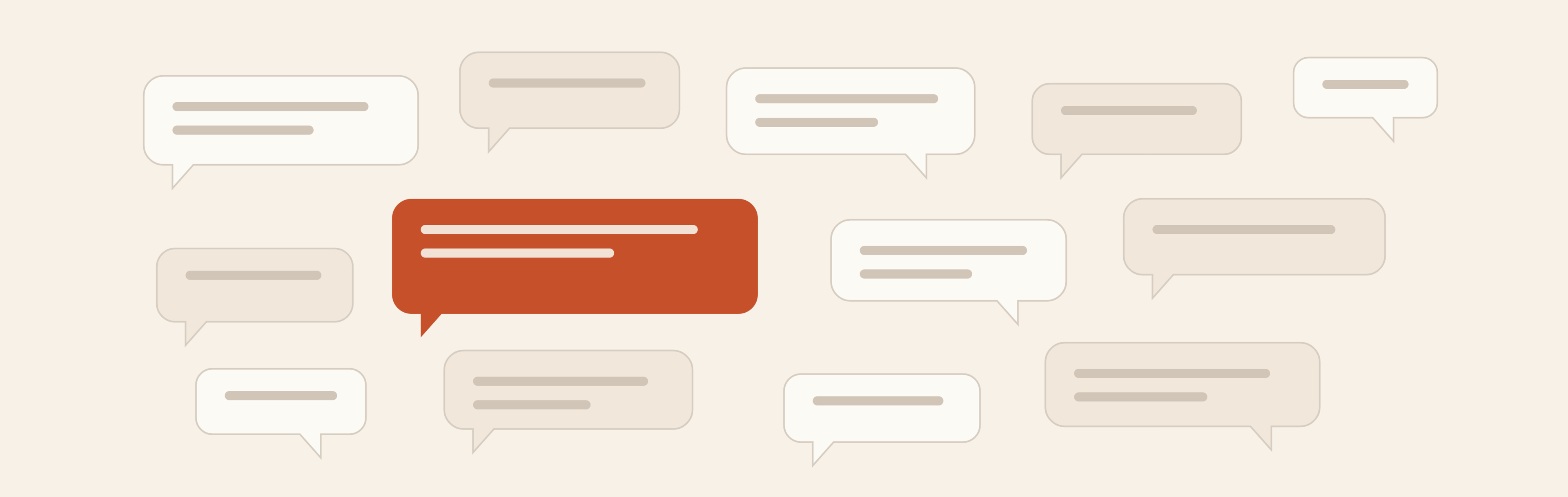 A grid of thirteen stylised speech bubbles on a light sand background. The text inside them is not readable, the lines are suggested by grey bars only. Twelve bubbles in white and beige recede. A single bubble in the middle is highlighted in coral and larger than all the others.