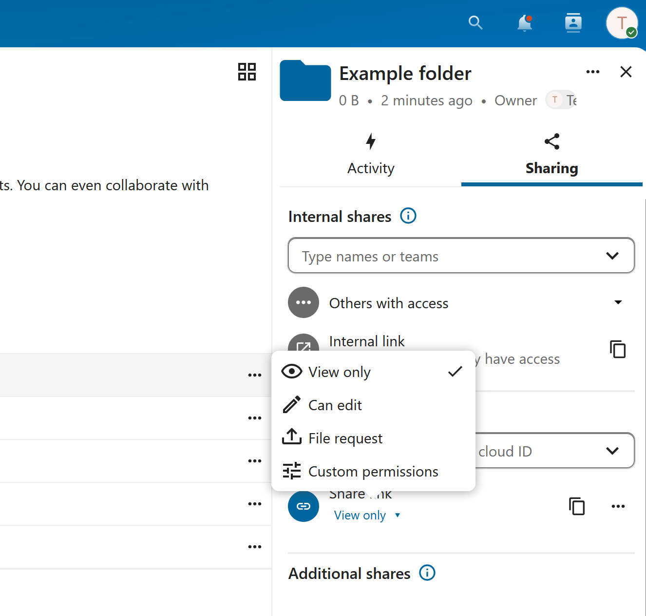 The sharing panel of a folder in Nextcloud. An open menu lists the share permissions to choose from: 'View only' (selected), 'Can edit', 'File request' and 'Custom permissions'.
