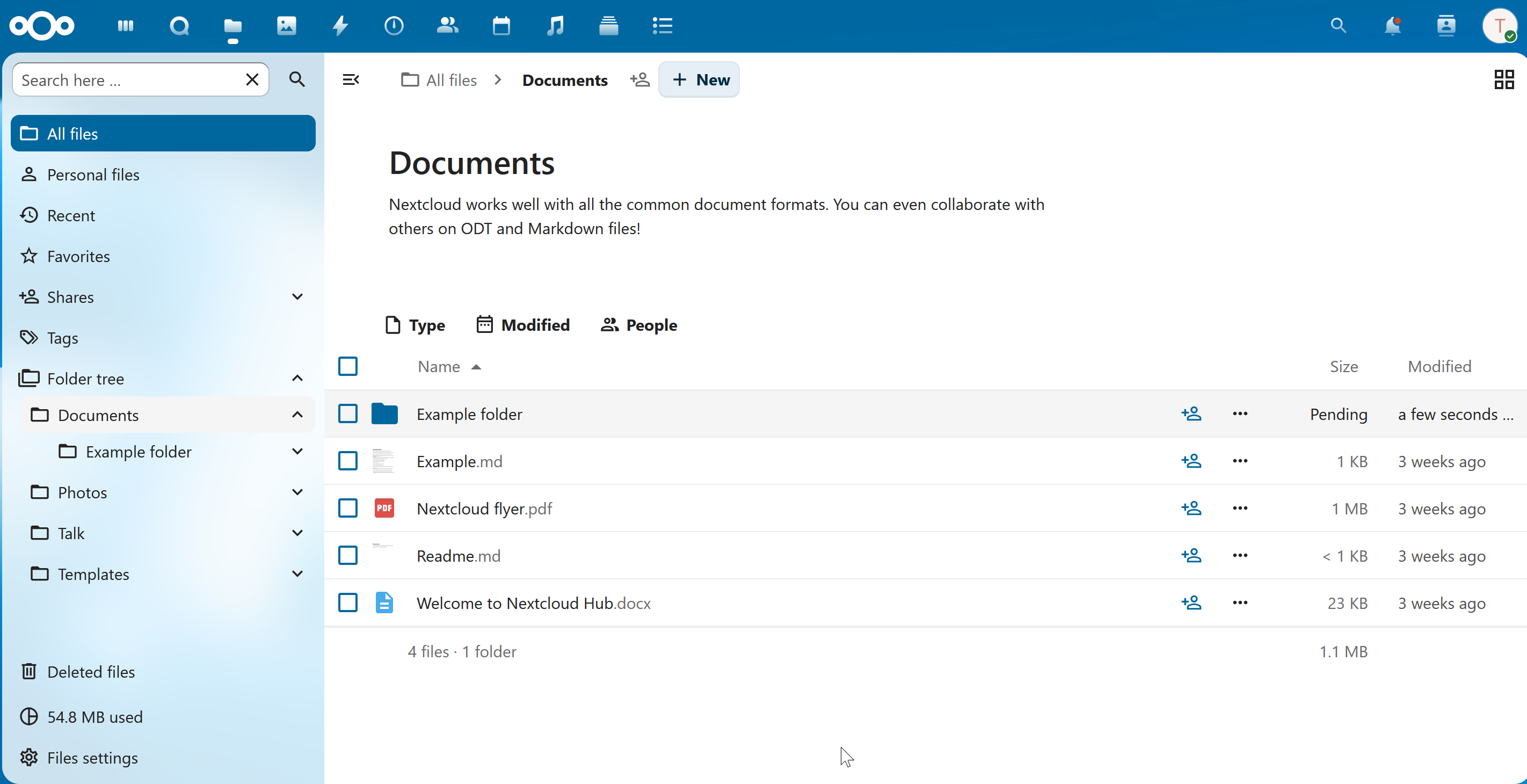The Nextcloud file view in the browser. A folder tree on the left lists Documents, Photos and more; the right shows the contents of the Documents folder, with files in various formats and their size and modified date.