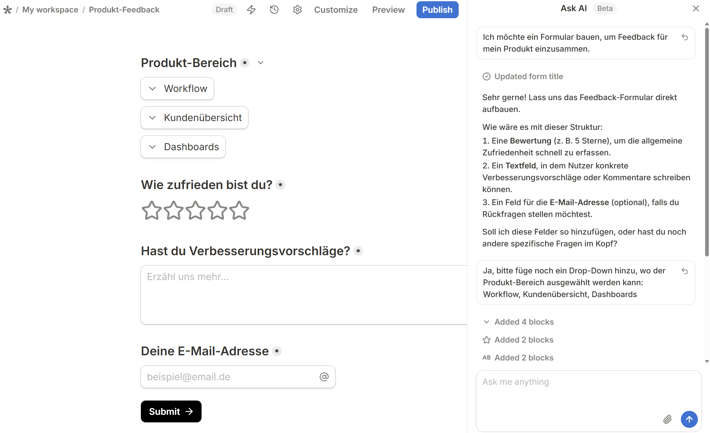 Tally's AI assistant inside the editor. On the left a feedback form takes shape with a star rating, a text field and an email field; on the right the assistant adds a product-area dropdown in a natural-language conversation.